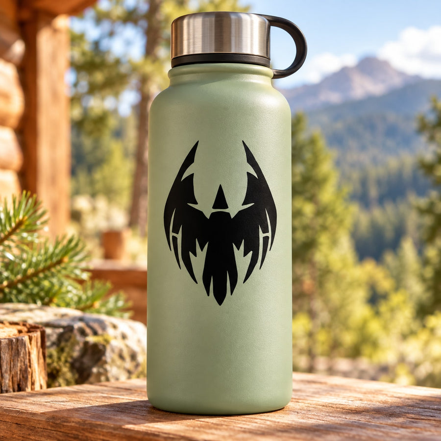 Black hawk face decal on a pale green water bottle