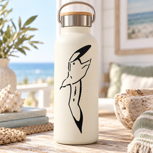 Black flapping seagull vinyl decal on a white water bottle