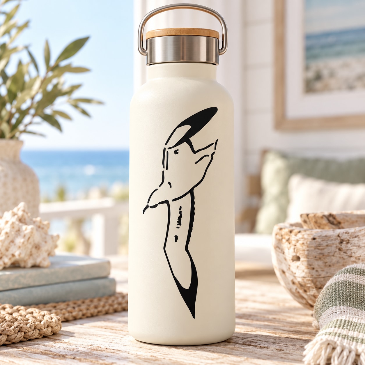 Black flapping seagull vinyl decal on a white water bottle