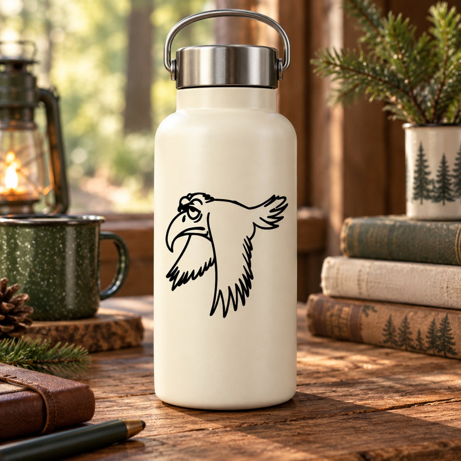 Black flying crow decal on cream insulated water bottle with metal handle lid