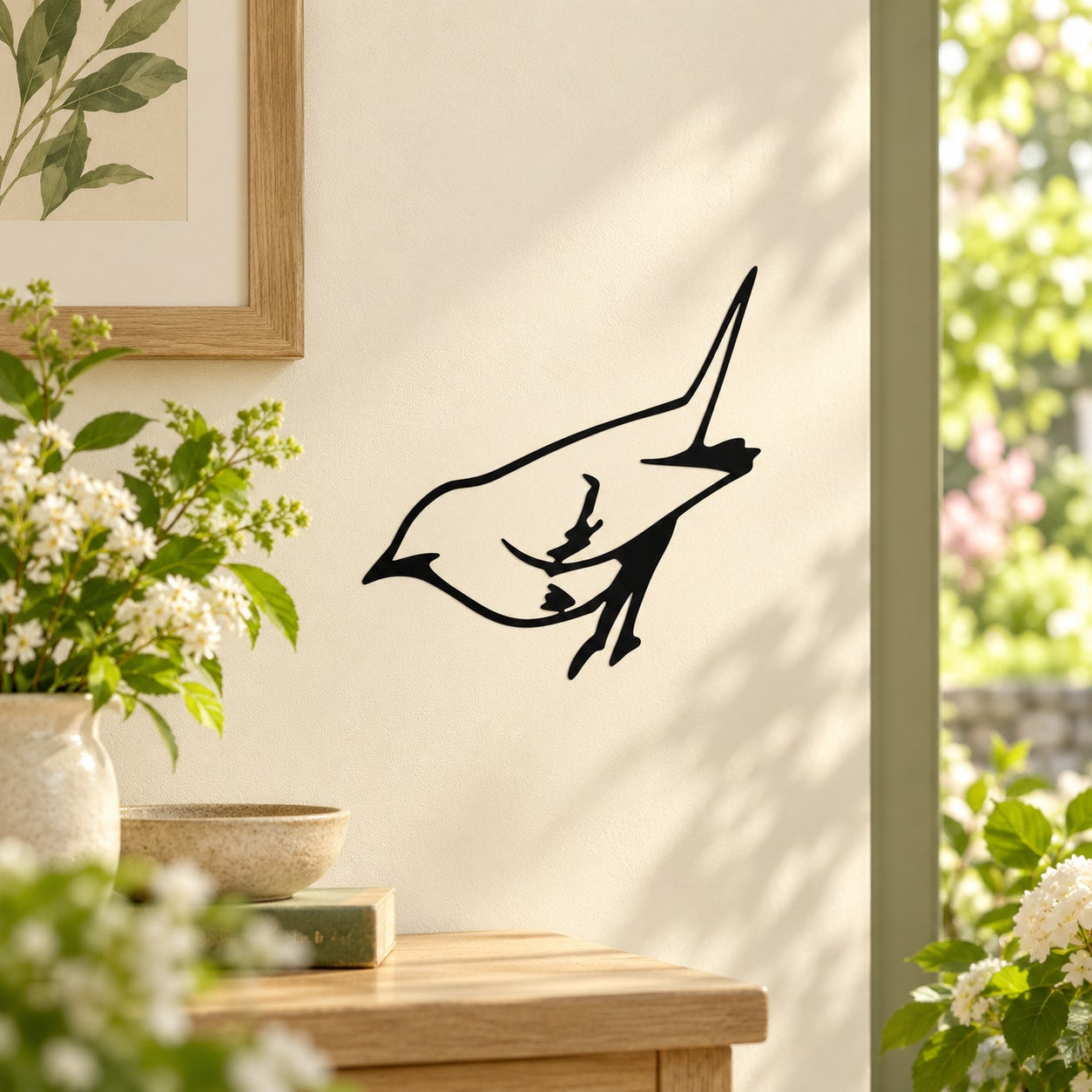 Wren bird decal with black outline silhouette on a wall