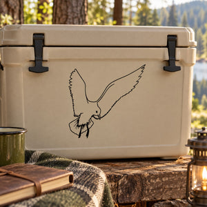 Flying crow line-art decal on light background