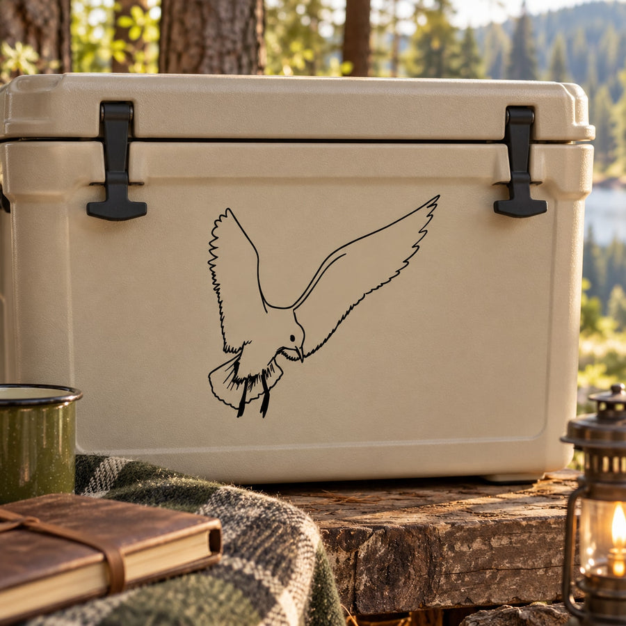Flying crow line-art decal on light background