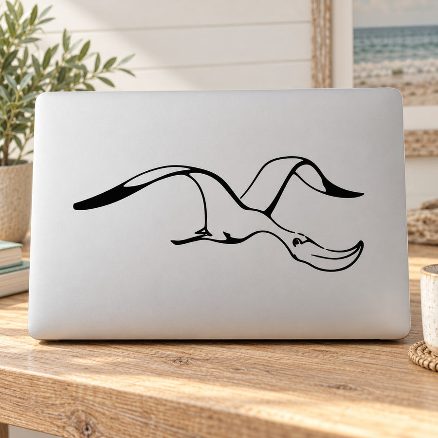 Pelican vinyl wall decal, black outline bird with long beak and wings spread