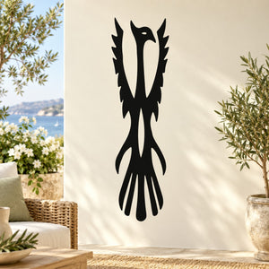 Black bird silhouette decal, stretched figure with long legs and winged tail