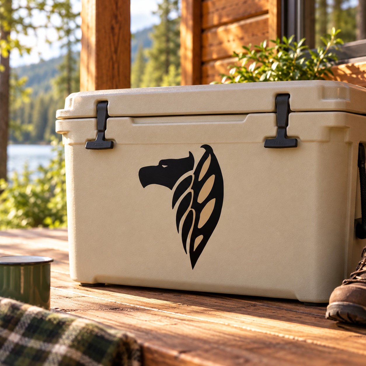 Decorative hawk head decal in black, angled on a light outdoor storage container