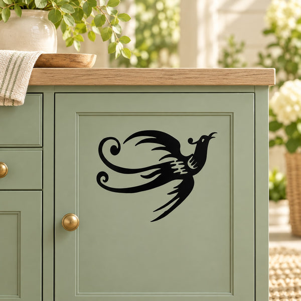 Black peacock silhouette wall decal with curled tail and open beak.