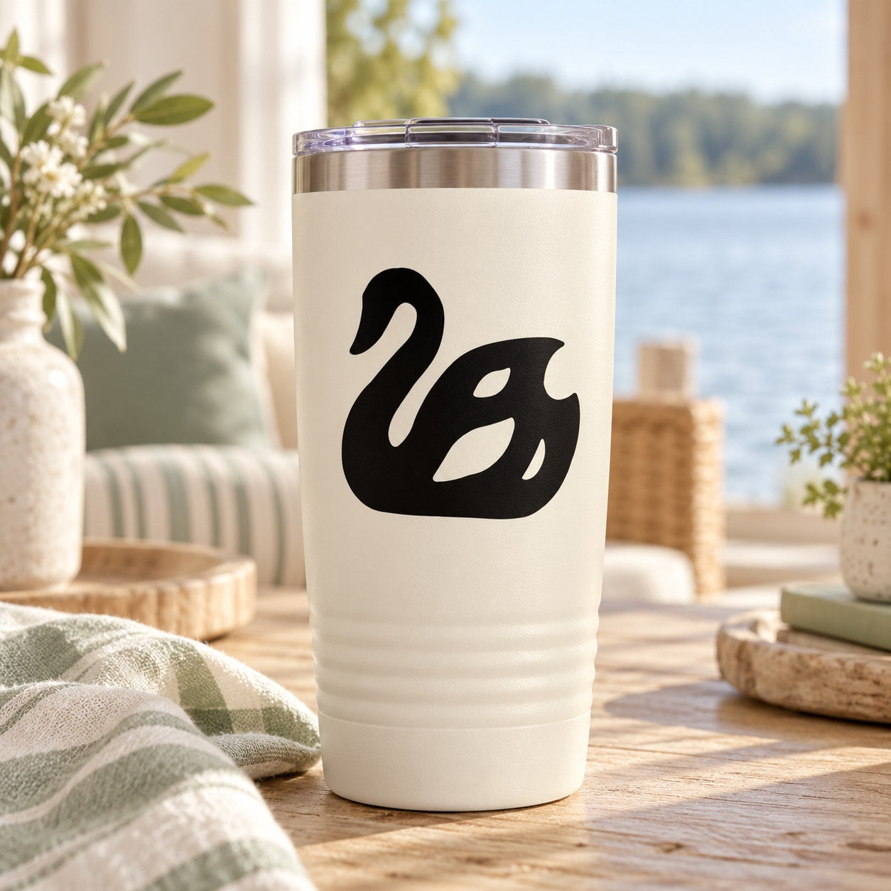 White tumbler with black swan decal