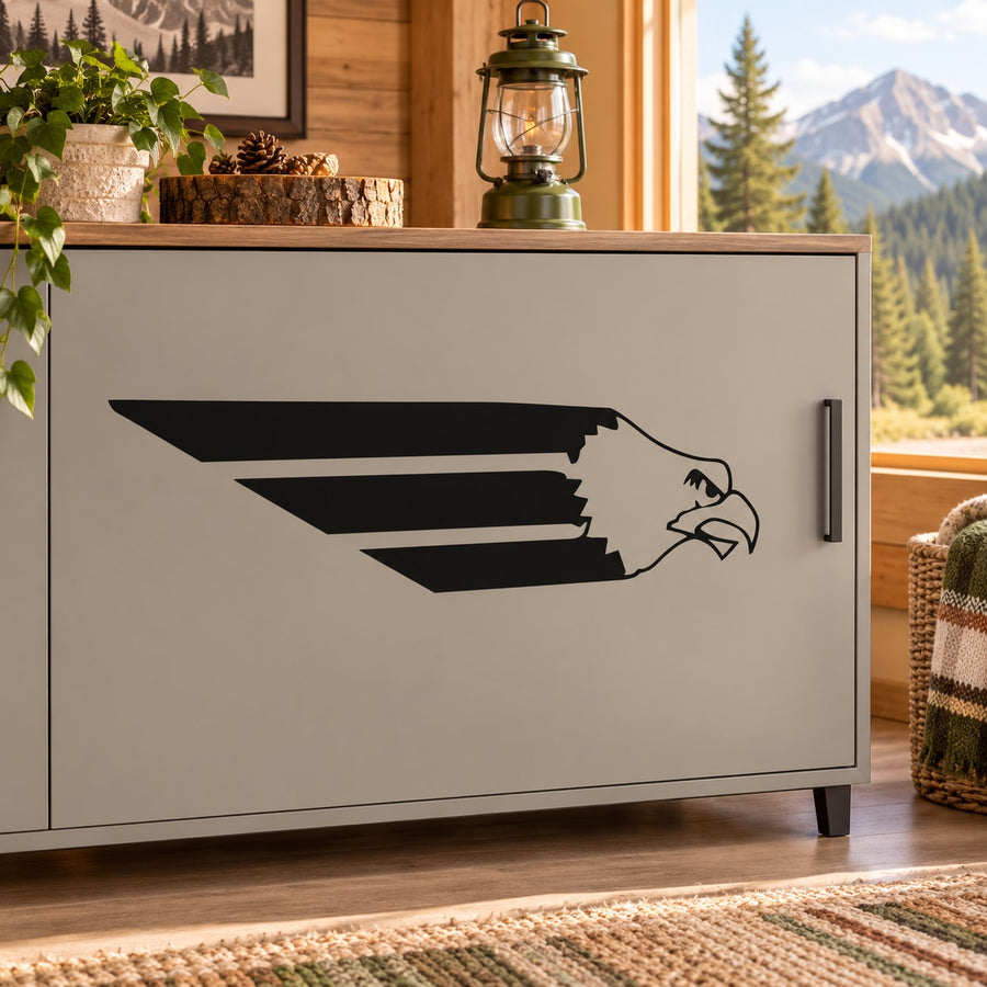 Eagle head decal with bold stripe wings, black design on light surface