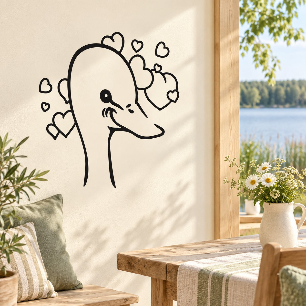 Duck vinyl wall decal: black outline duck with hearts and heart-shaped wings