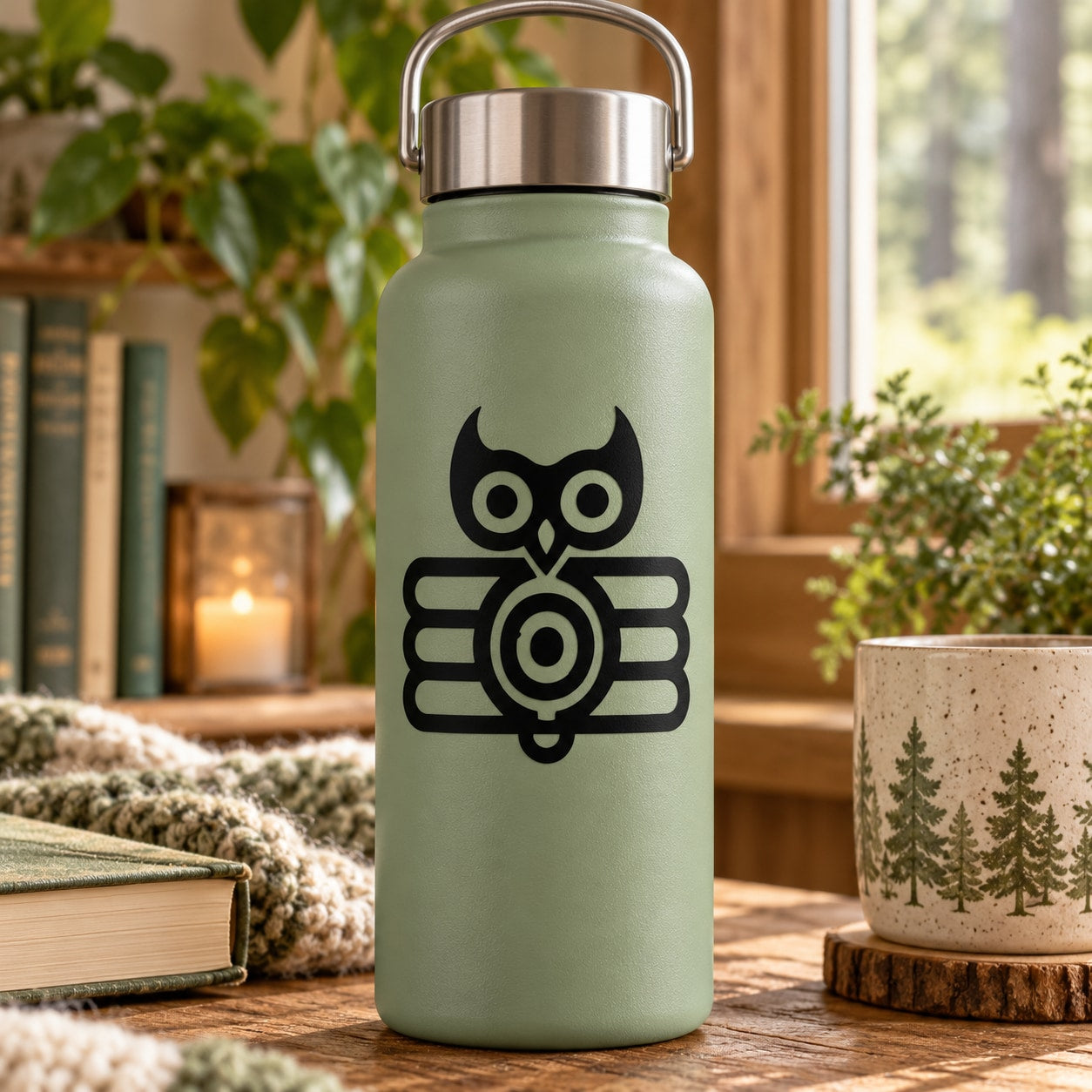 Light green water bottle with black art deco owl decal and metal screw lid