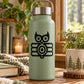Light green water bottle with black art deco owl decal and metal screw lid