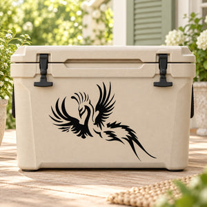 Black flying peacock decal on beige storage tote lid