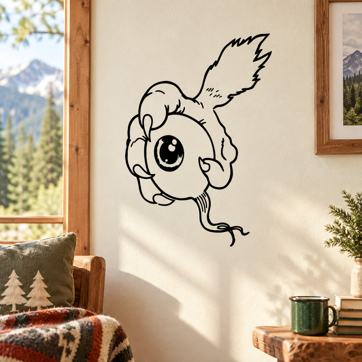 Cartoon hawk claw and eyeball wall decal, black line art