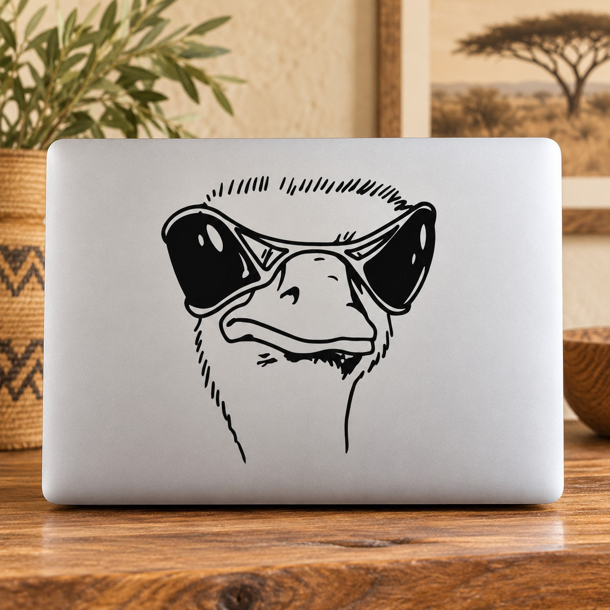 Ostrich with big eyes face decal, black outline on white rectangle