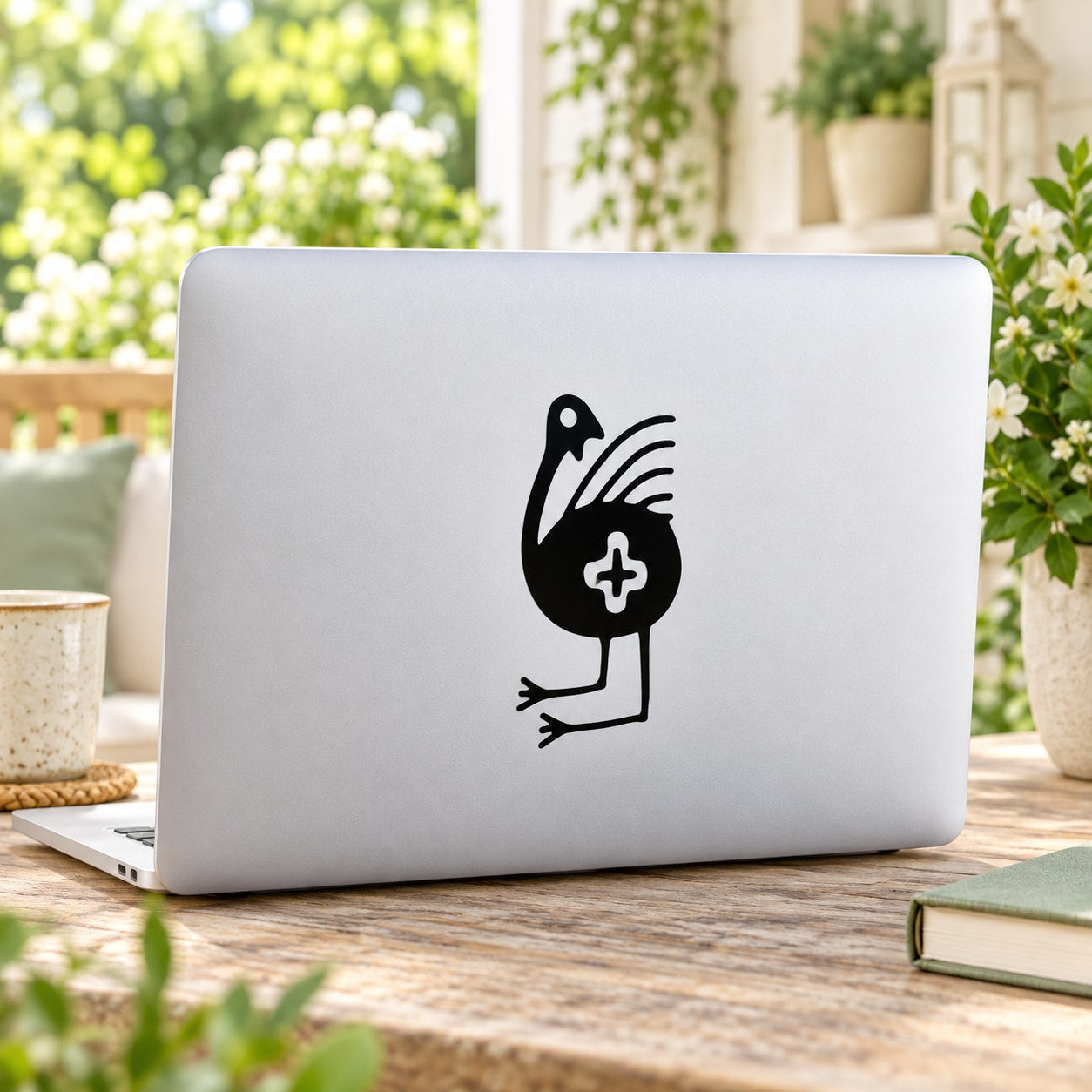 White laptop with black abstract peacock plus sign decal