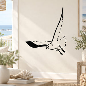 Gliding seagull wall decal, black silhouette with dotted wing details