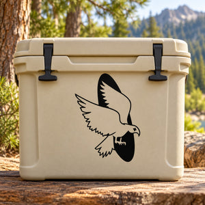 Hawk and oval decal sticker on light tan cooler surface, black design