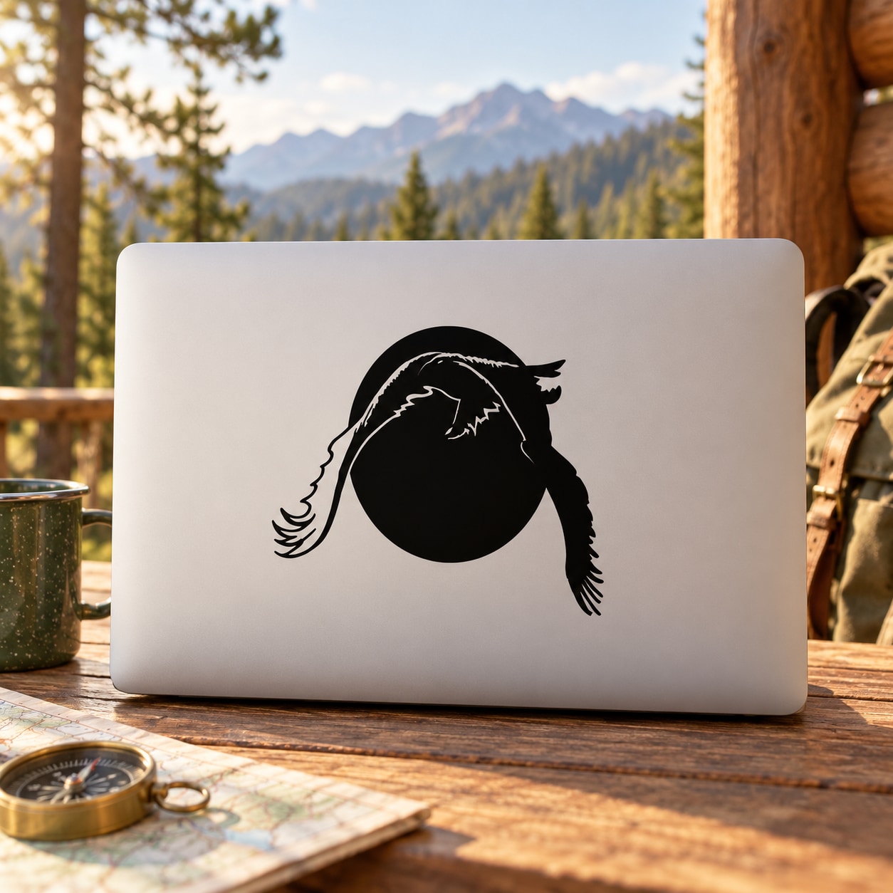 Black eagle flying decal with circular shape on white surface