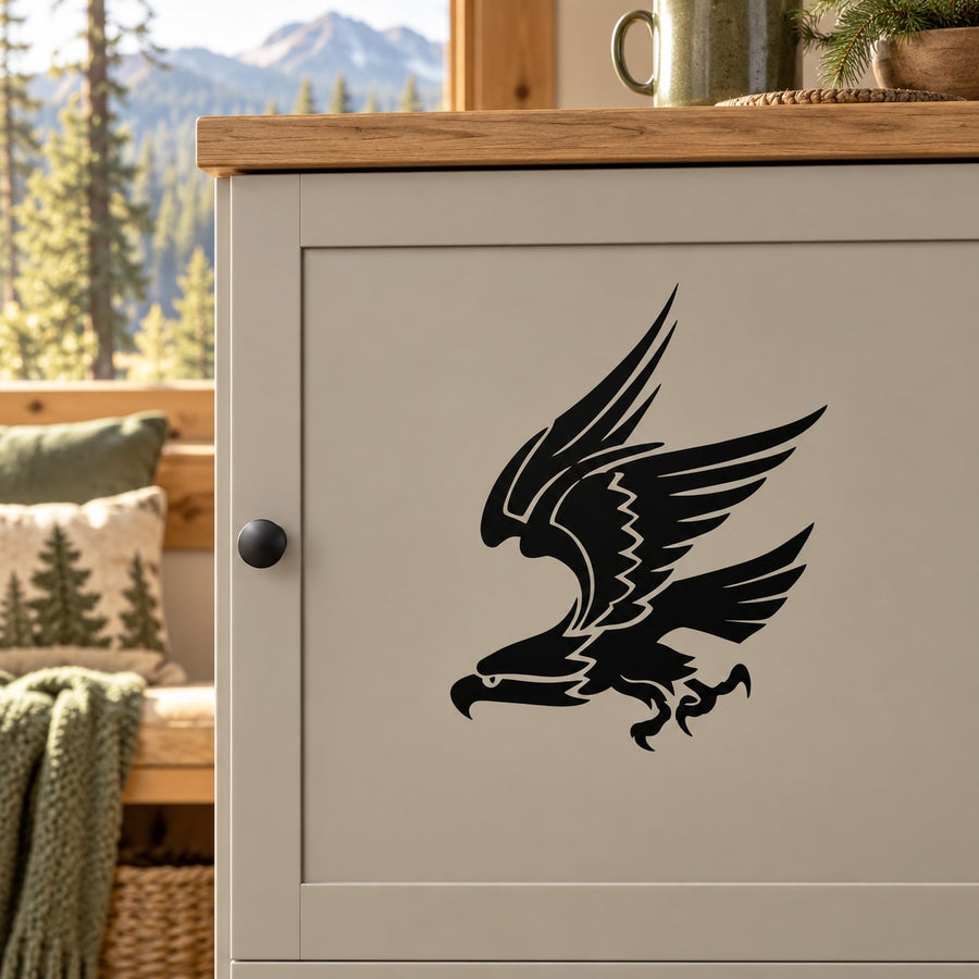 Crowned eagle decal with spread wings, black silhouette on light surface