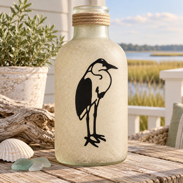 Standing egret vinyl decal with black silhouette illustration