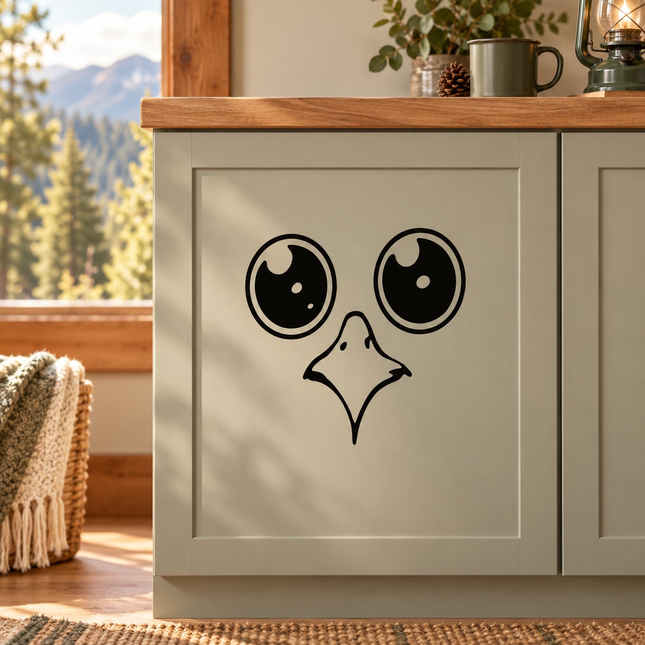 Cute eagle face wall decal, black line art with big round eyes and beak