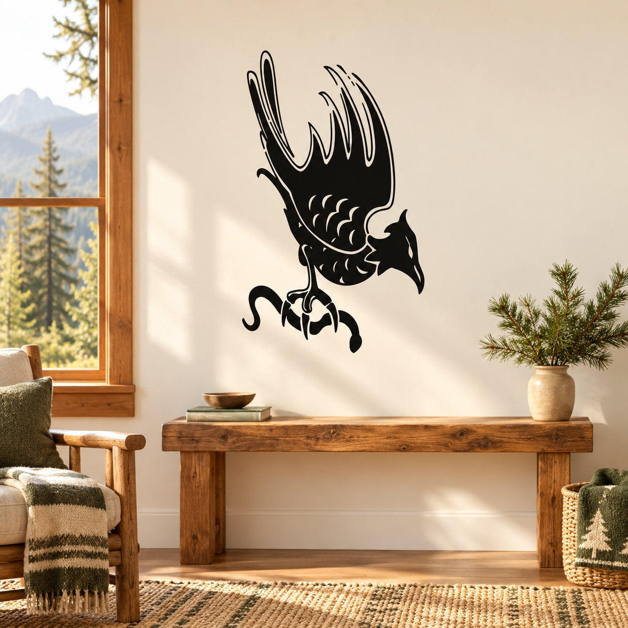 Eagle catching snake wall decal, black silhouette with detailed wings and tail.