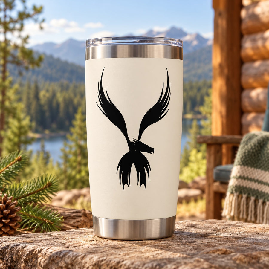 Black eagle wing silhouette decal on a white tumbler