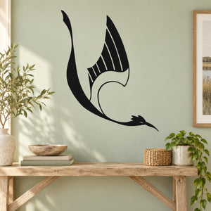 Art deco stork wall decal, black silhouette with striped wing and curved beak