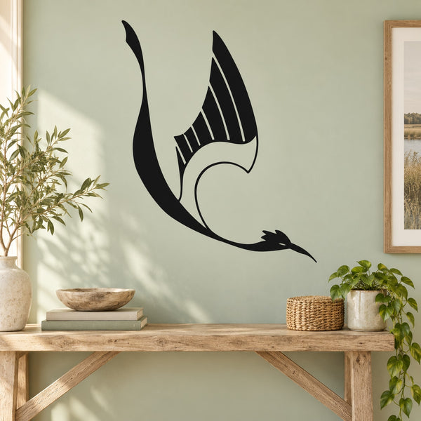 Art deco stork wall decal, black silhouette with striped wing and curved beak