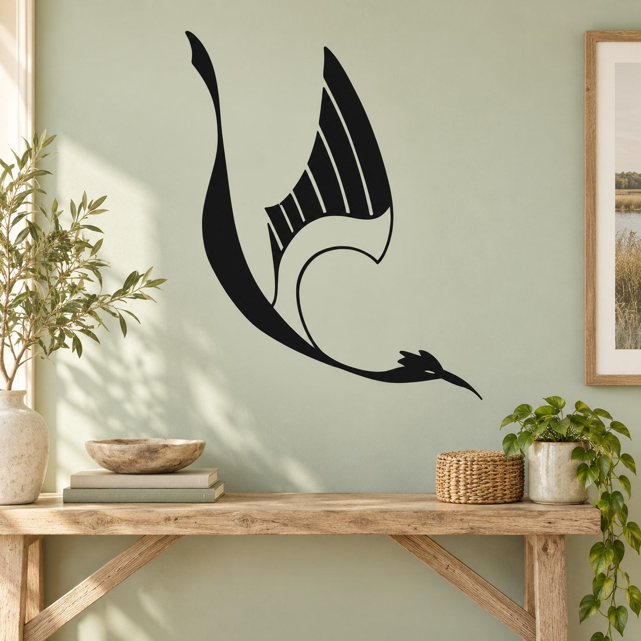 Art deco stork wall decal, black silhouette with striped wing and curved beak