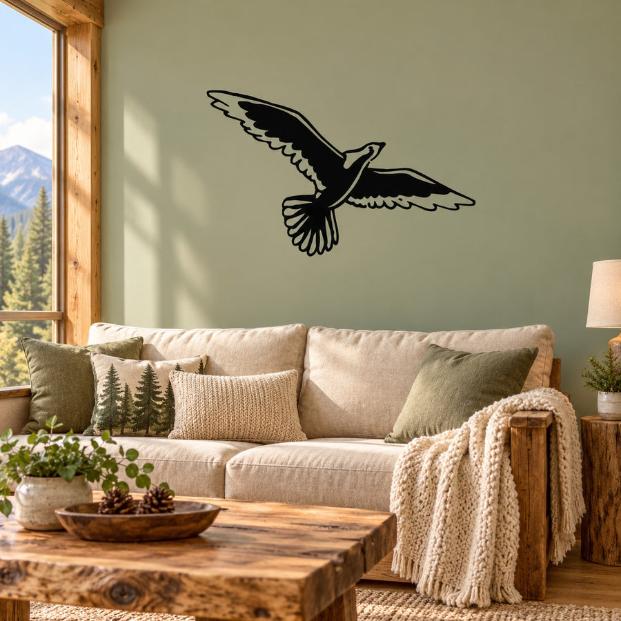Black soaring eagle wall decal with spread wings