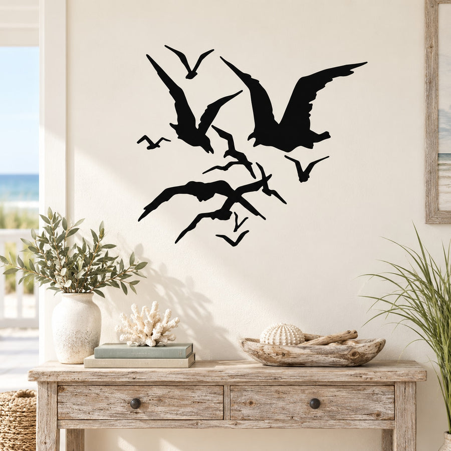 Black flock of shore birds wall decal, flying birds silhouette