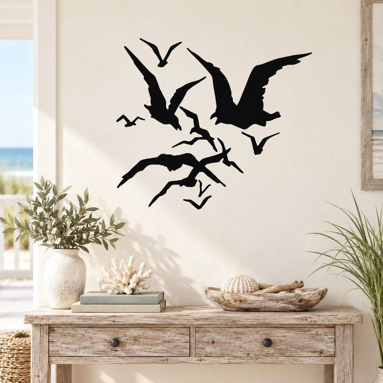 Black flock of shore birds wall decal, flying birds silhouette