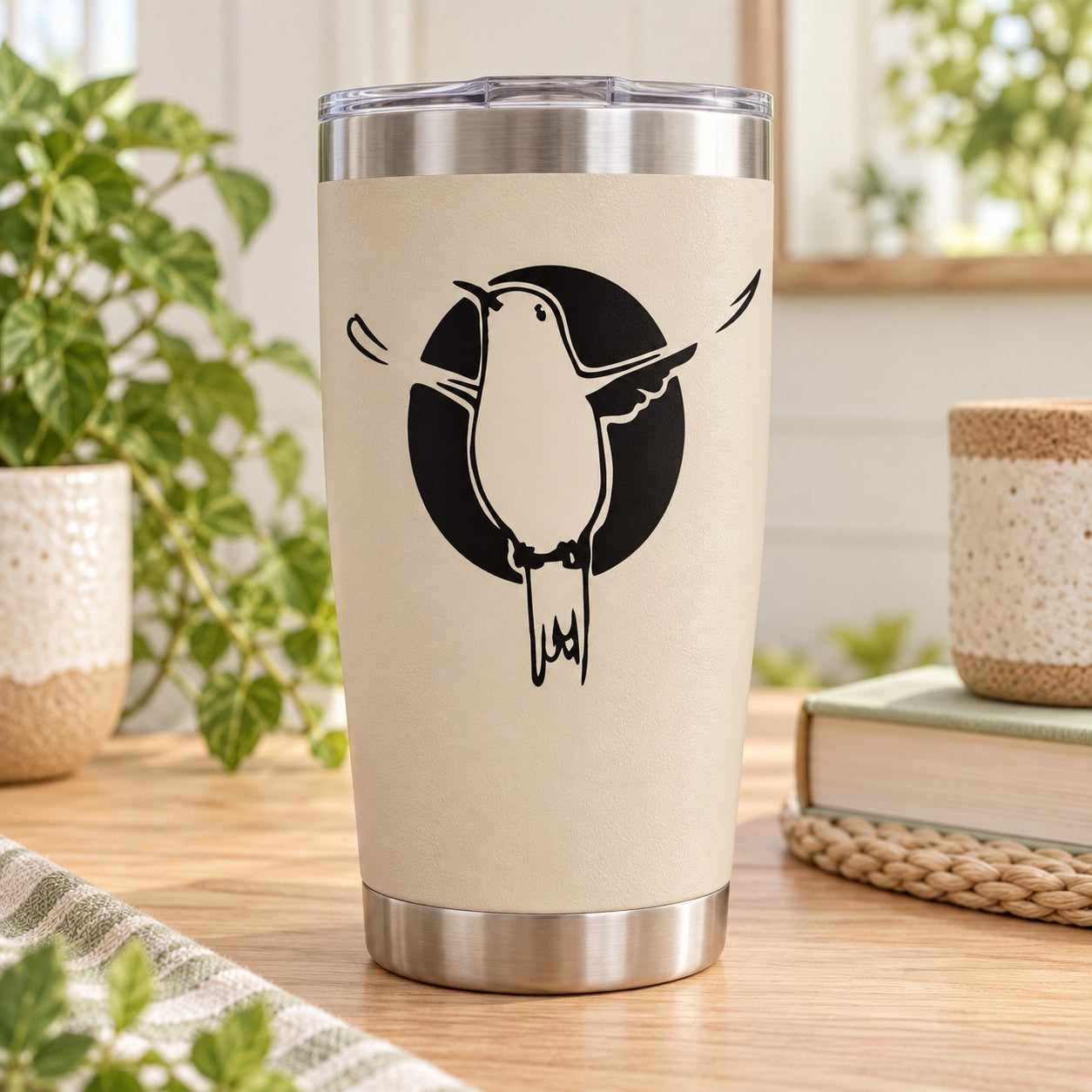 Hummingbird decal on a stainless steel tumbler, black bird graphic on a light background