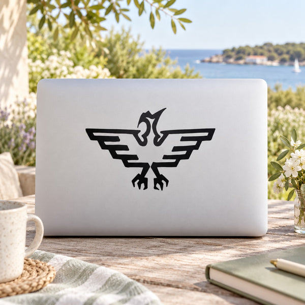 Geometric bird decal, black geometric bird on white laptop lid