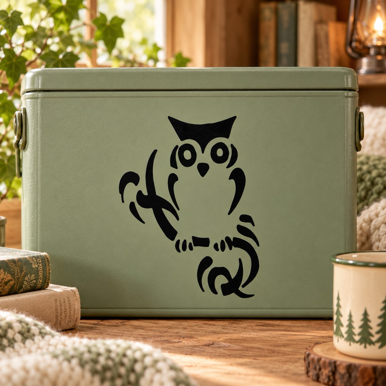 Olive green storage tin with black owl graphic decal