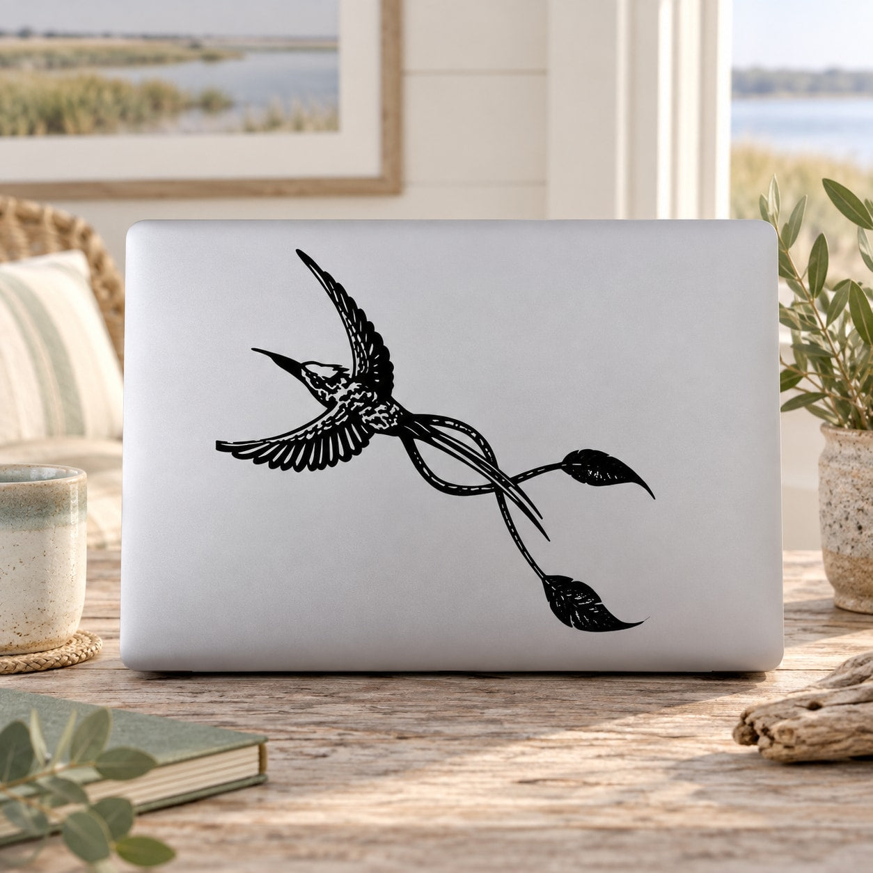 Egret flying wall decal, black bird with wings outstretched and long tail twist