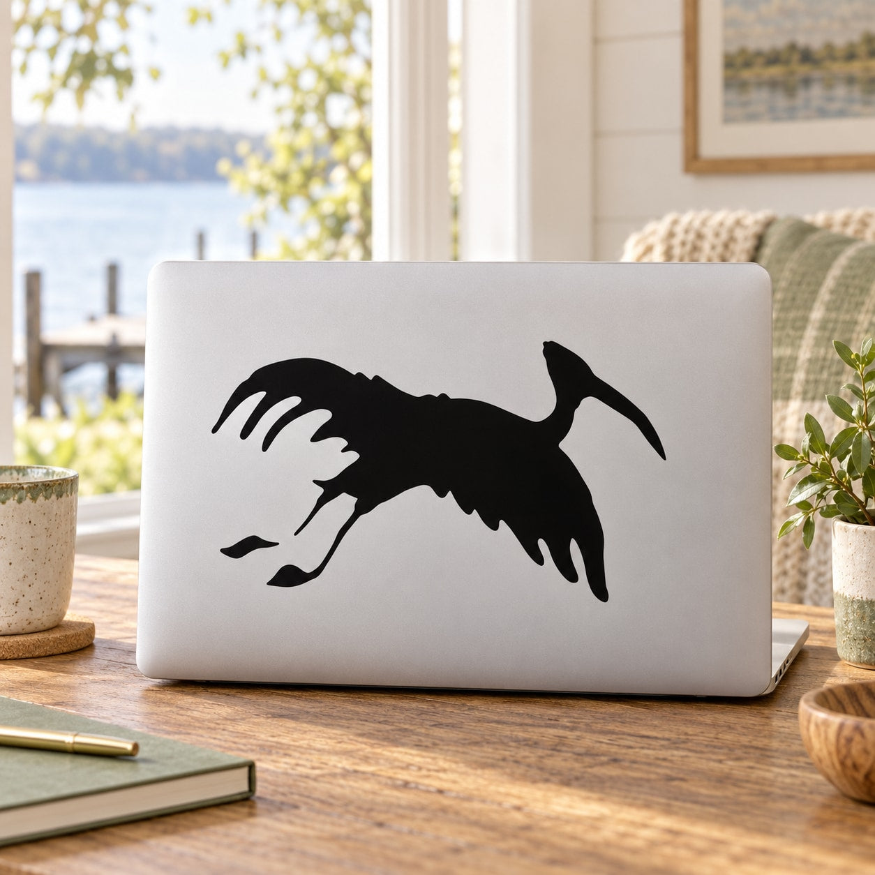 Black stork decal with flapping wings on a laptop lid