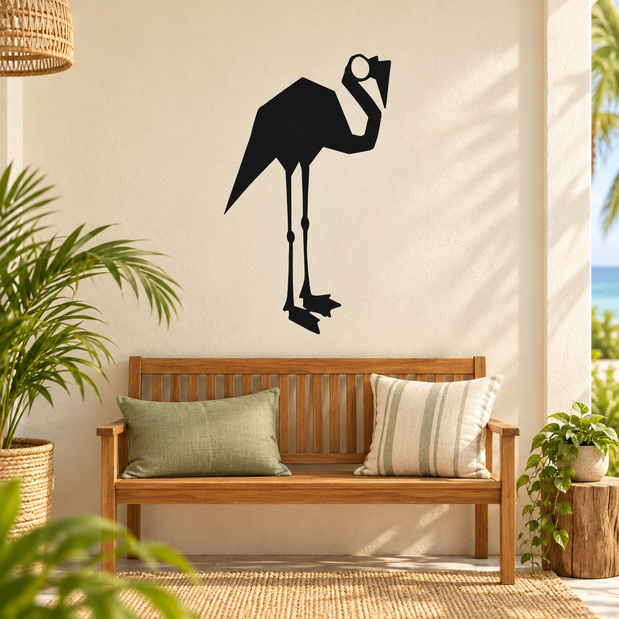 Black standing flamingo wall decal silhouette with simple details and long legs