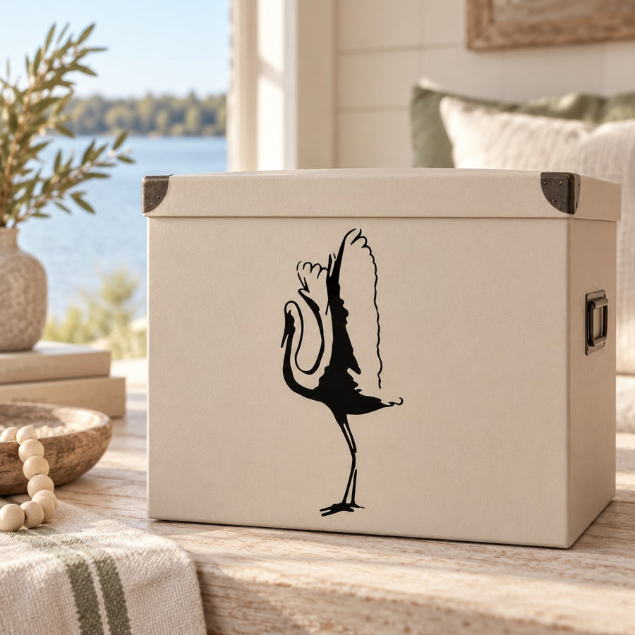 Standing flapping swan decal, black silhouette on a beige box