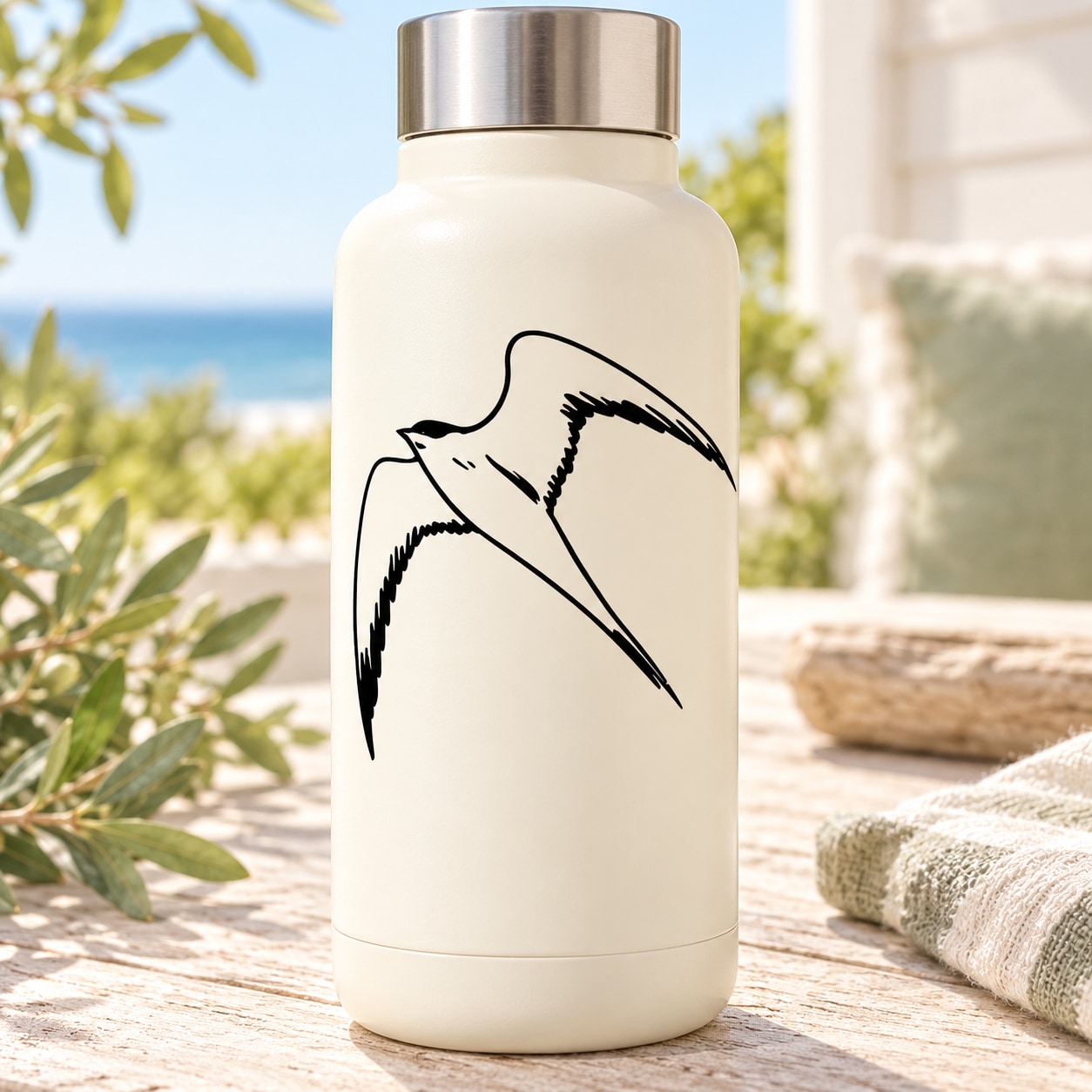 Cream bottle with black flying swallow decal