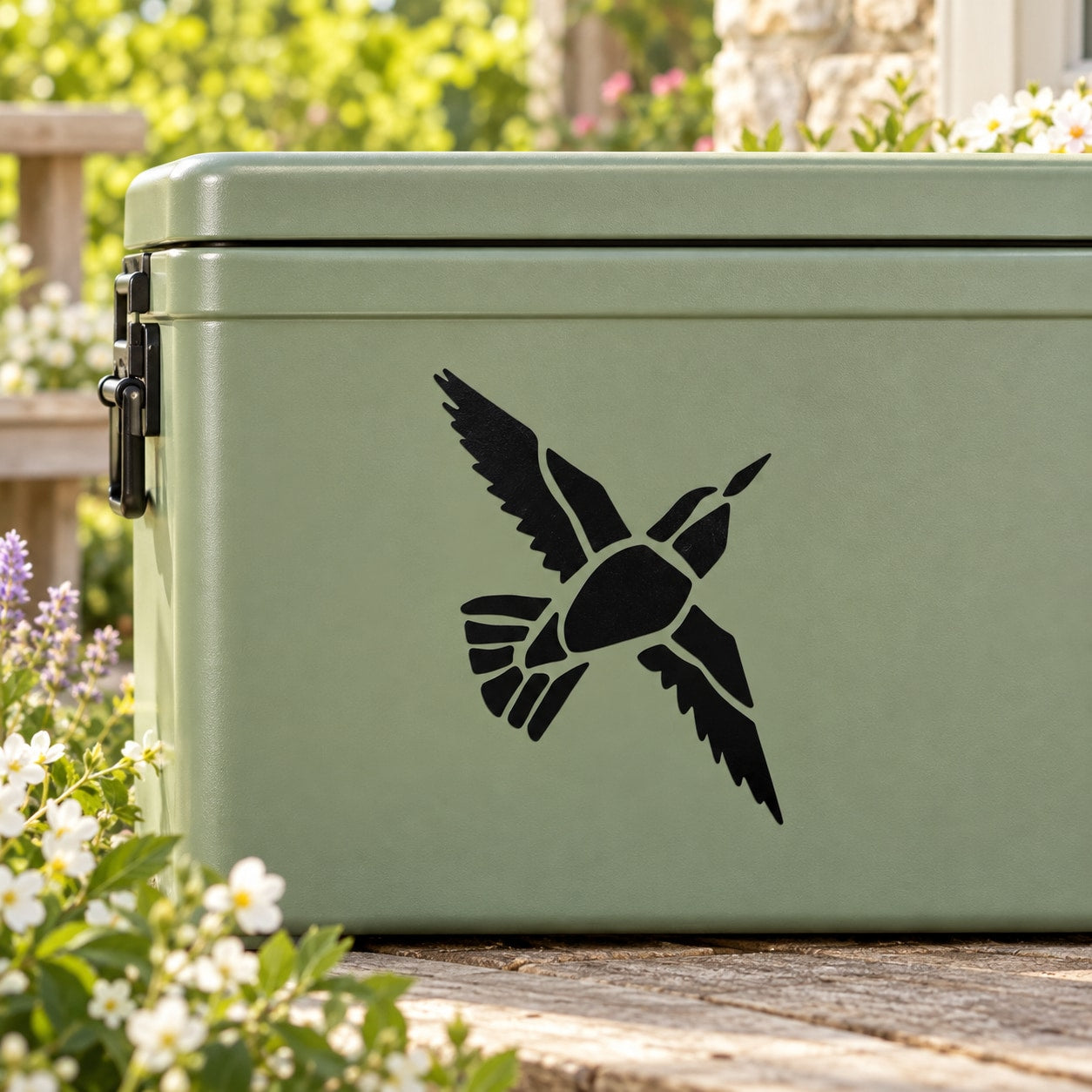 Black bird in flight vinyl decal on light green mailbox panel