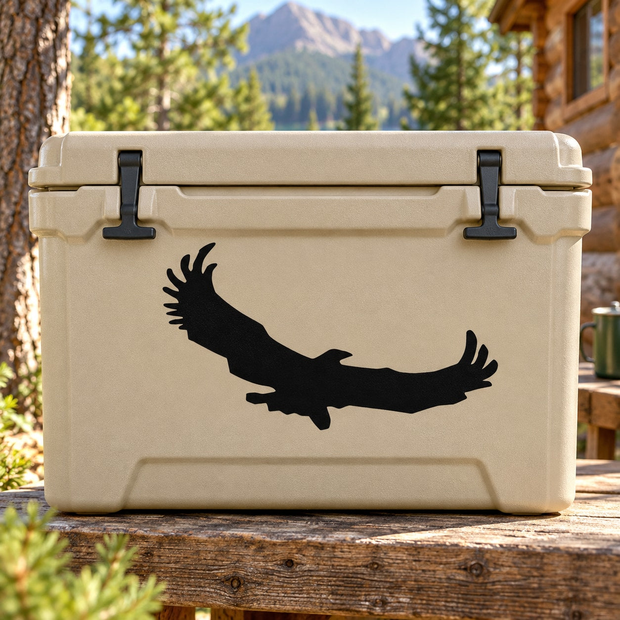 Black hawk flying away silhouette decal on light cooler lid
