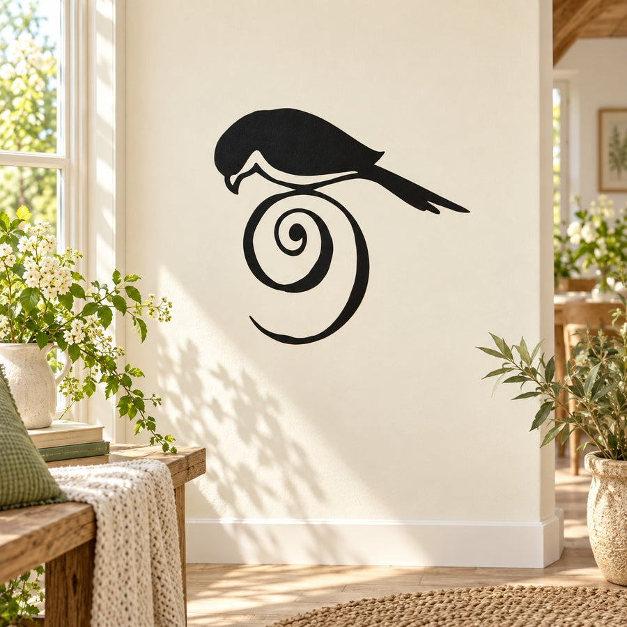 Black bird and spiral leaf wall decal, circular swirl with bird perched at top