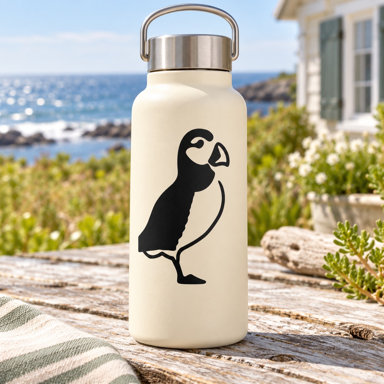 Cream water bottle with black puffin face decal and metal carry handle lid