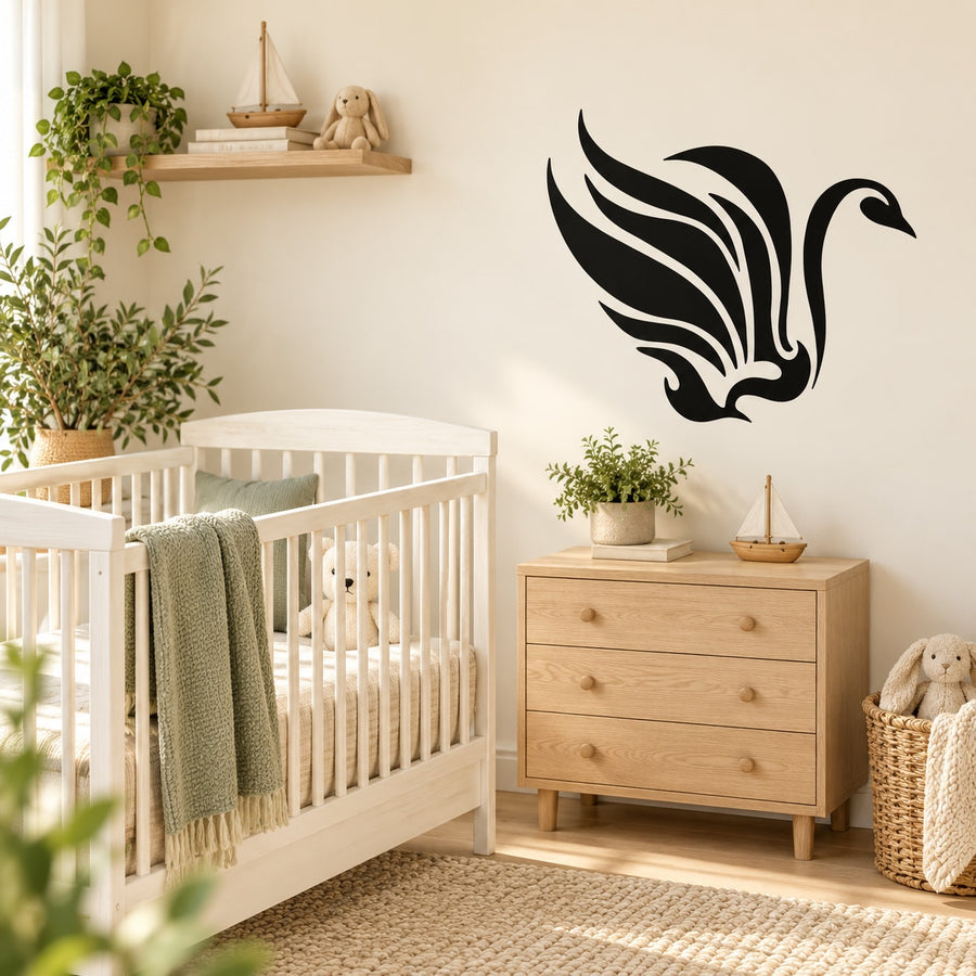 Black swan feather wall decal with winged tail silhouette