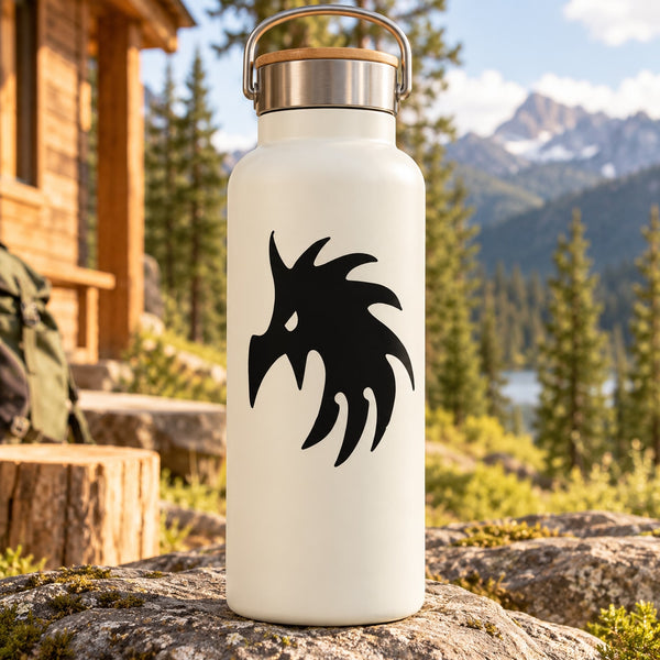 White bottle with black wicked eagle head decal on front