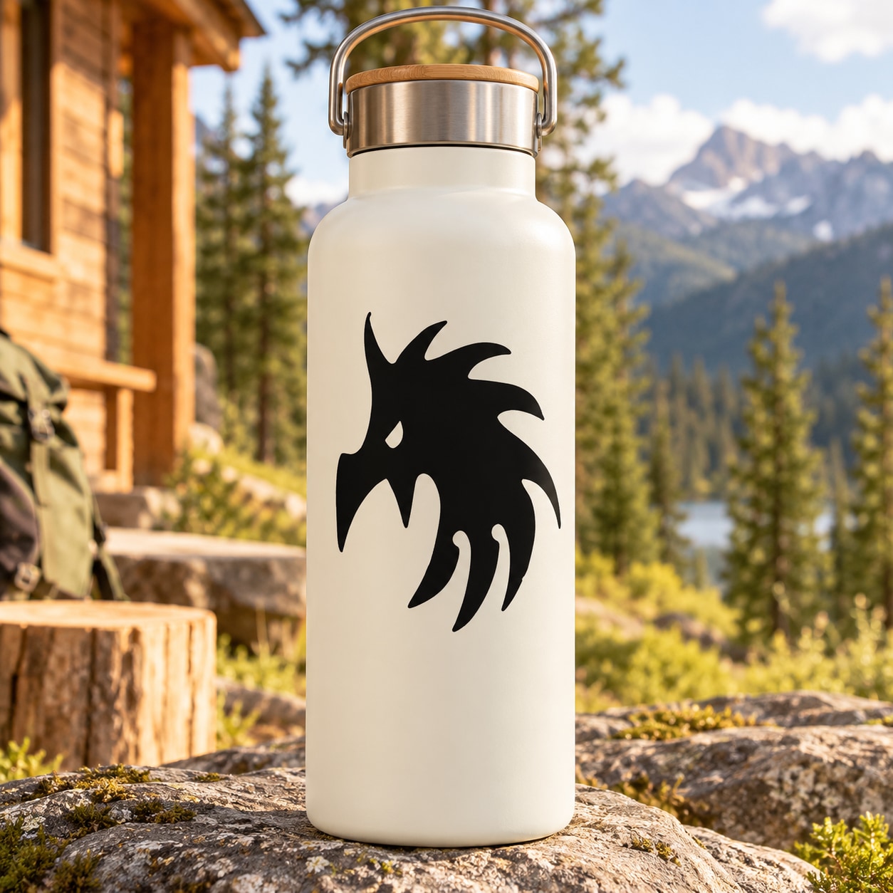 White bottle with black wicked eagle head decal on front