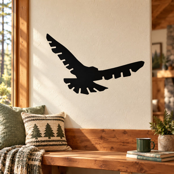 Flying hawk silhouette wall decal, black bird shape with wing detailing